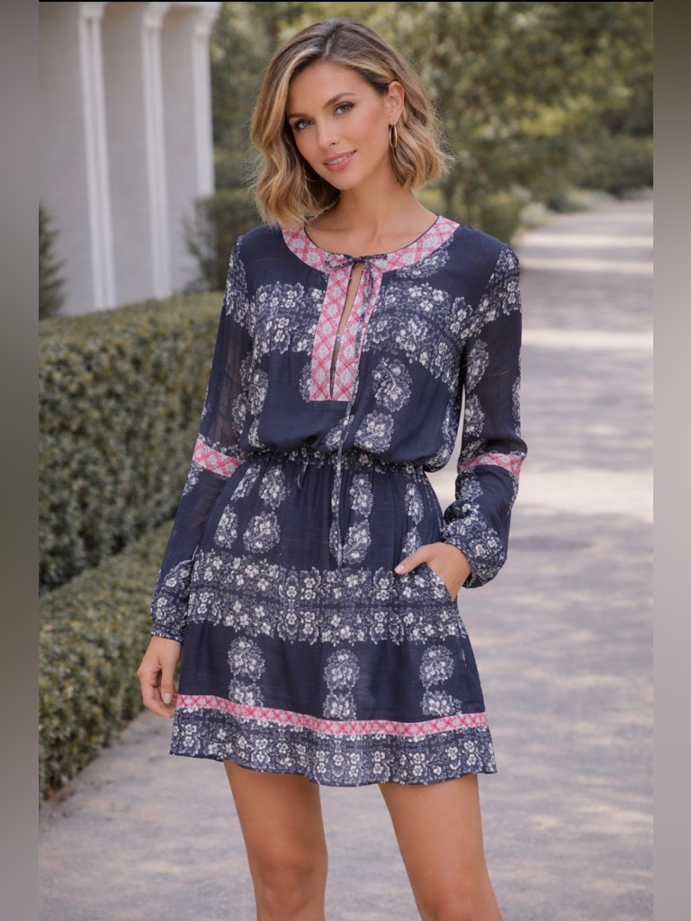 Endless Rose long sheer sleeve navy tie embroidered vneck mini dress